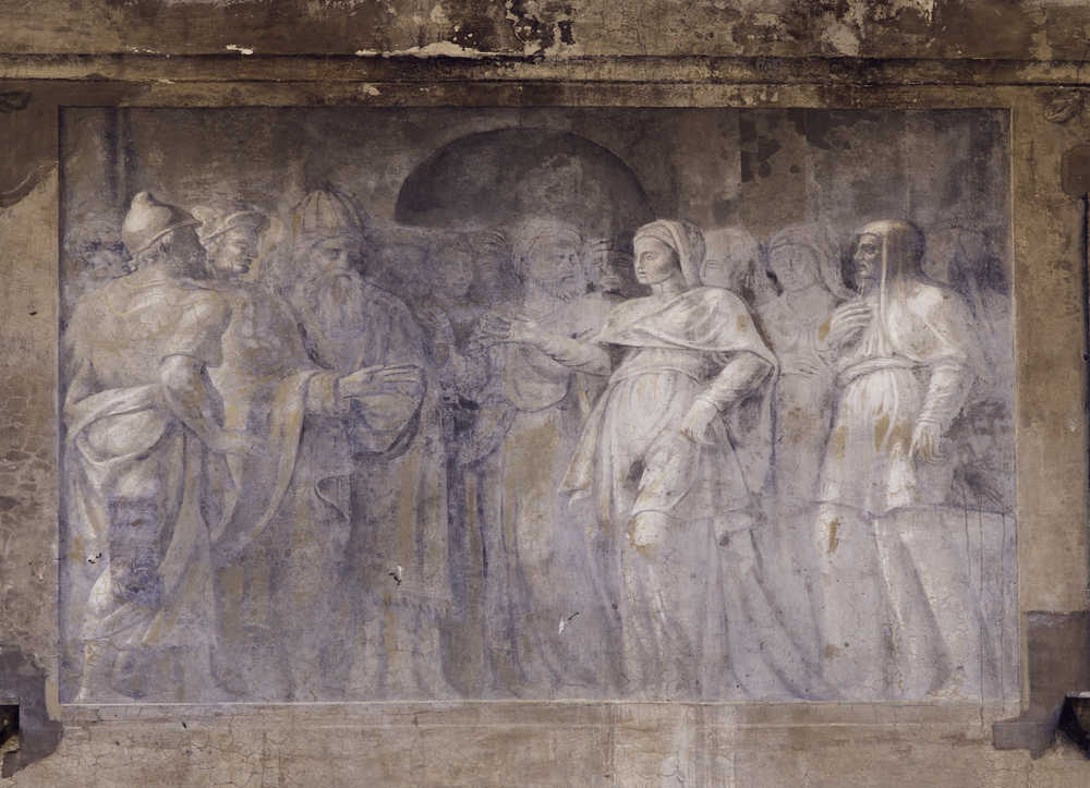 Polidoro da Caravaggio (?): Giuditta conforta il popolo di Betulia, particolare del fregio del terzo piano