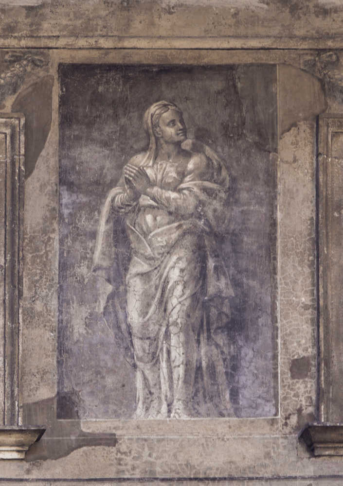 Polidoro da Caravaggio (?): Giuditta raccolta in preghiera, particolare del fregio del terzo piano