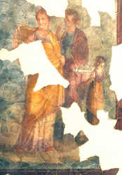 Pannello centrale su una delle pareti con figure femminili in prossimità di un piccolo santuario agreste